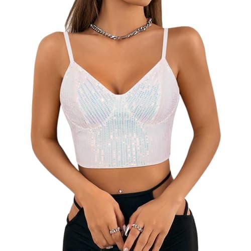 Giovacker Women's V-Neck Sparkle Sequined Crop Top Tank Vest