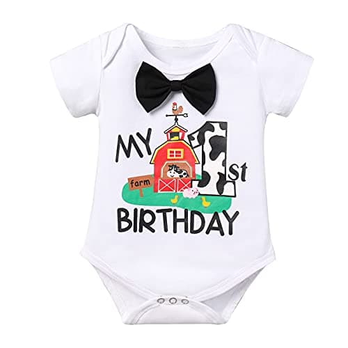 IMEKIS Baby Boys Farm Animals 1st Birthday Cake Smash Outfit with Suspenders Shorts