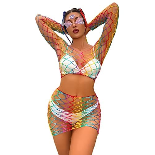 ZGMYC Women Rave Mesh Bikini Cover Ups & Mini Skirt Outfit