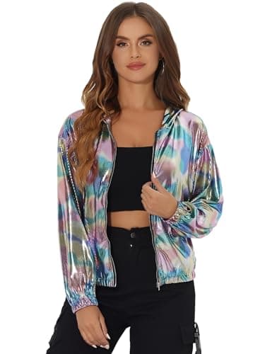 Holographic Shimmer Zipper Hooded Metallic Jacket for Women