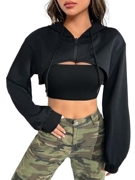 Super Crop Hoodie Sweatshirt with Zipper and Drawstring