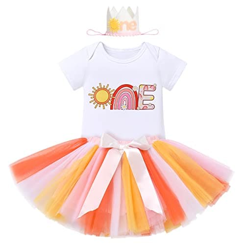 IBTOM CASTLE Baby Girl 1st Birthday Floral Lace Romper & Tutu Set+Crown Photo Clothes