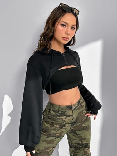 Super Crop Hoodie Sweatshirt with Zipper and Drawstring