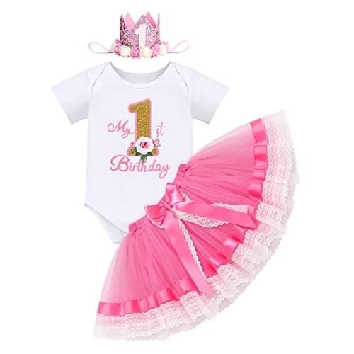 ODASDO Baby Girl's First Birthday Outfit with Flower Print Romper & Tutu Skirt Set