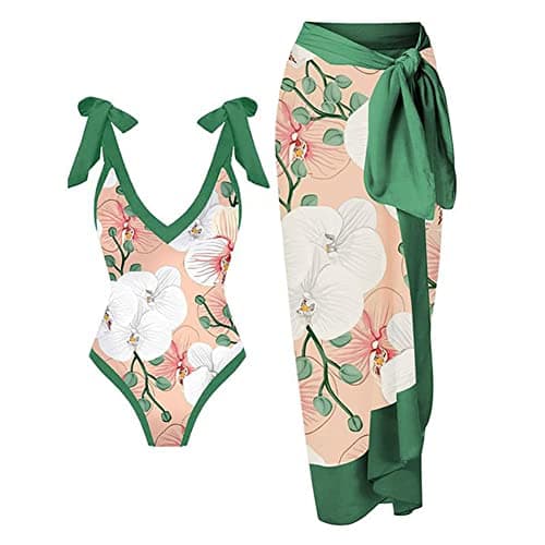 IMEKIS Women’s Floral Print Bikini Set with Wrap Skirt