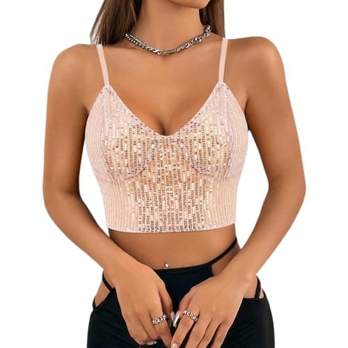 Giovacker Women's V-Neck Sparkle Sequined Crop Top Tank Vest