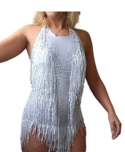 White Sparkle Rhinestone Bodysuit for Women Drag Queen Outfit - Dance Costume