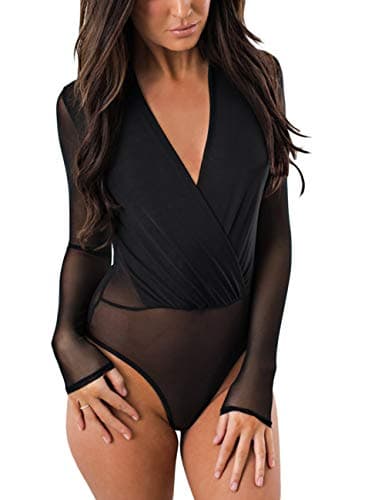 Sheer Mesh Long Sleeve Bodysuit for Women