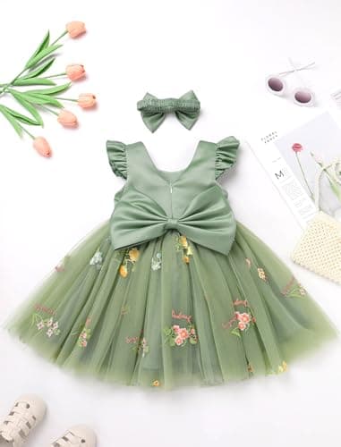 IMEKIS Toddler Girls Satin Tulle Dress with Headband Embroidery