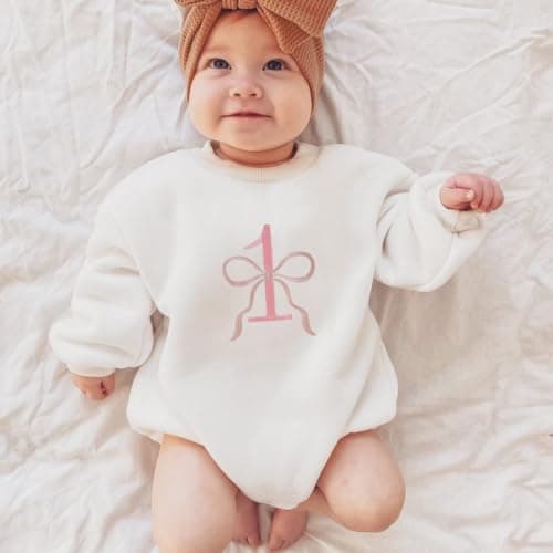 CREAIRY Baby Girl 1st Birthday Bow Bubble Romper Shorts Sleeve Jumpsuit Summer Clothes