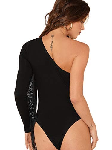 Women's Fringe Trim One Shoulder Bodysuit Top by Verdusa