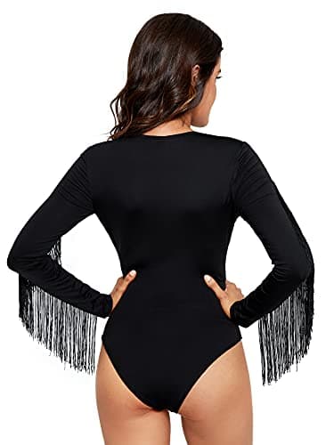 SweatyRocks Women's Sheer Mesh Cowgirl Bodysuit with Fringe Long Sleeves