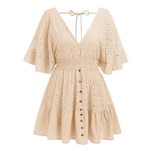 IMEKIS Women Lace V Neck Batwing Sleeve Tie Back A-line Party Dress