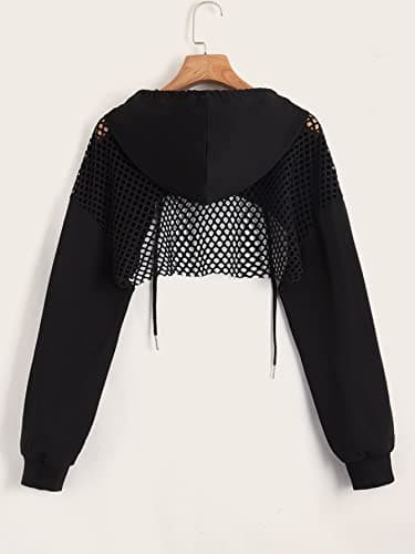 Drawstring Fishnet Hoodie Crop Tops