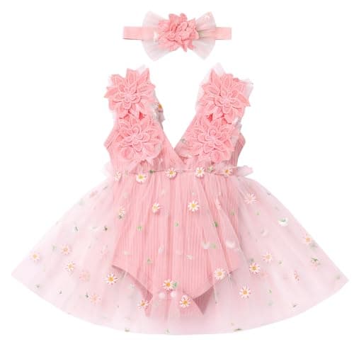 Newborn Baby Girl 1st Birthday Lace Tulle Romper Dress with Floral Headband