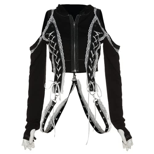 Goth Skeleton Hoodie Crop Top with Iron Chain for Halloween Festival