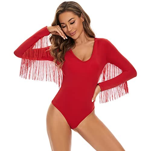 Zando Women's Fringe V-Neck Long Sleeve Bodysuit
