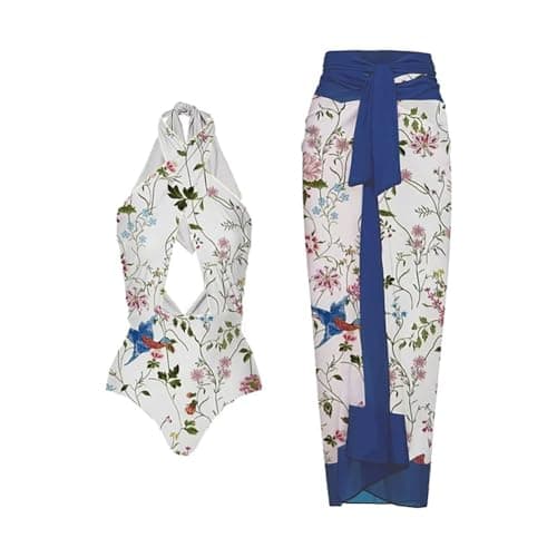 Women's Tropical Floral Print One Piece Swimsuit with Cover up Wrap Skirt