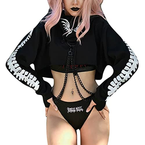Goth Skeleton Hoodie Crop Top with Iron Chain for Halloween Festival