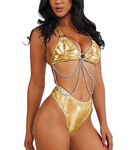 EDC Metallic Holographic Body Chain Harness Top & High Waist Bottom Festival Dance Bikini