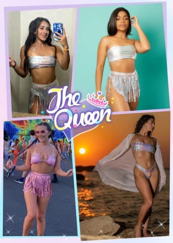 EVELUST Women's metallic holographic bodysuit & skirt set for EDC festivals