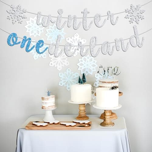 Ferburitar Silver & Blue Snowflake Winter Bunting Sign for 1st Birthday Decorations