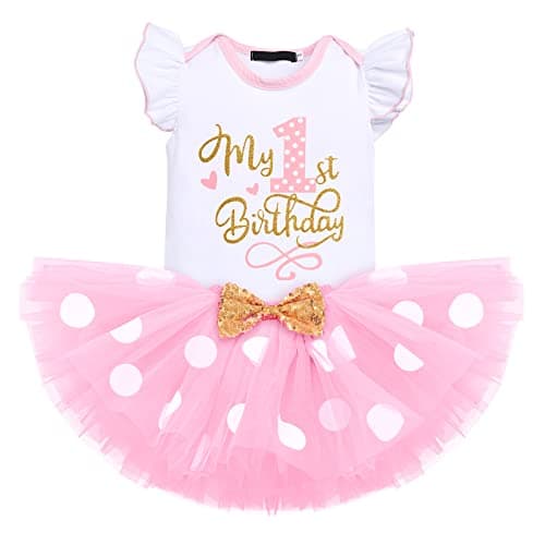 Baby Girl Birthday Outfit Set: Romper Top, Polka Dots Tutu Skirt, Headband