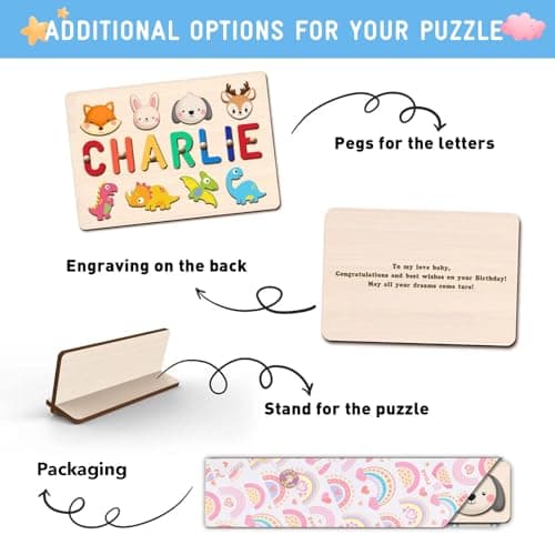 Personalized Name Puzzle for Kids - Custom Wooden Puzzle for Baby Easter Gifts with Engraved Text - Perfect 1st Birthday Gift for Toddler Boys and Girls