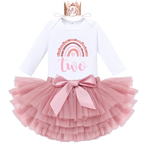 IMEKIS Boho Rainbow Baby Girl 1st & 2nd Birthday Outfit Romper + Tutu + Headband