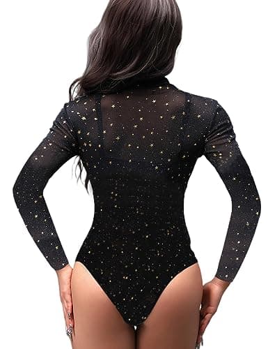 Sexy Rhinestone Studded Sheer Mesh Bodysuit for Women