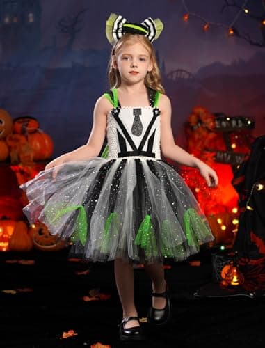 Girls Halloween Costume Black and White Striped Tulle Dress Set - Ages 2-12