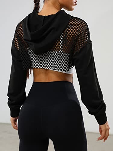 Drawstring Fishnet Hoodie Crop Tops