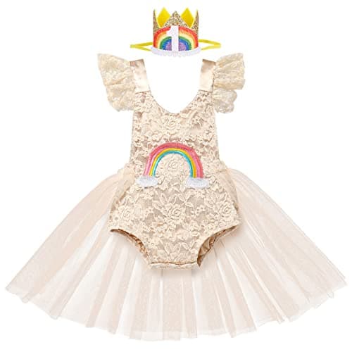 IBTOM CASTLE Baby Girl Boho One-Ruffle Lace Romper Tutu Dress for 1st Birthday Photoshoot