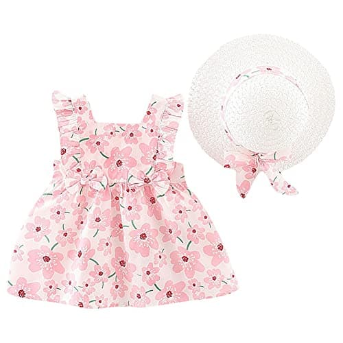 IMEKIS Toddler Girls Hawaiian Rainbow Backless Sundress & Straw Hat