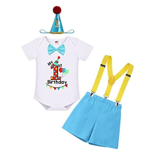 Baby Boy First Birthday Outfit with Bunting Flag Bow Tie Bodysuit Shorts Suspenders