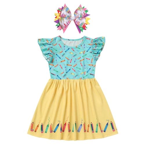 IMEKIS Girls' Back to School Pencil Print Dress with Hair Bow 4-7T