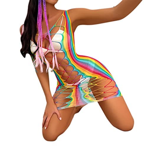 MINGSEECESS Women's Rainbow Striped See-Through Bodysuit Bikini Cover-Up