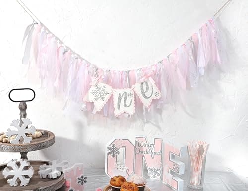 LINLULU Winter Onederland 1st Birthday Snowflake Banner, Silver Glitter & Pink Tulle