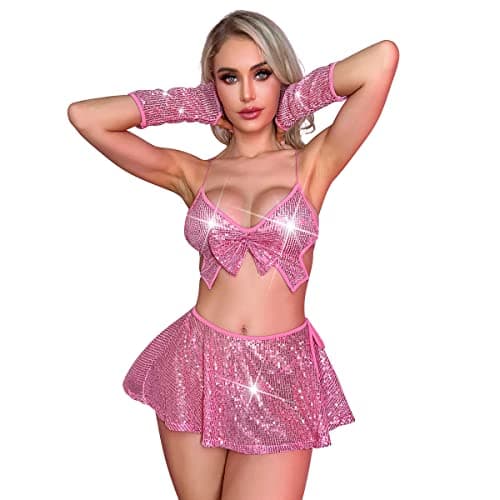 IMEKIS Metallic Rave Outfit for Women - Shiny Crop Top Bra Skirt Swimsuit Costume for Music Festivals and Halloween Cosplay