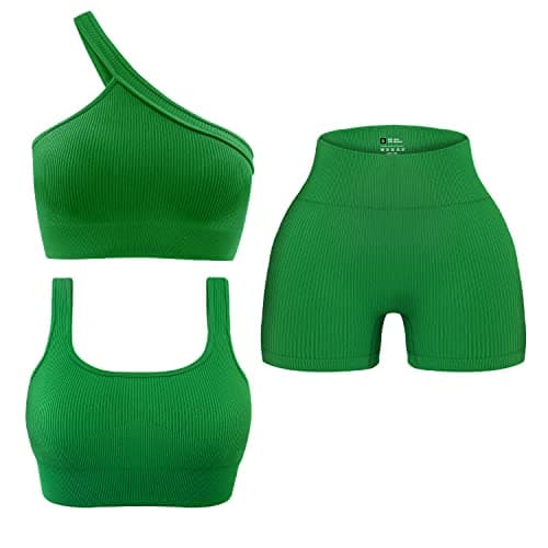OLCHEE Women's 3-Piece Seamless Yoga Outfit - High Waist Shorts & One-Shoulder Sports Bra