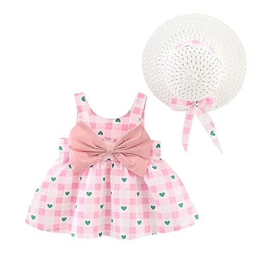IMEKIS Toddler Girls Hawaiian Rainbow Backless Sundress & Straw Hat