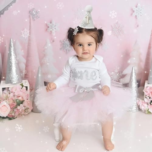 KOJIN Snowflake Birthday Crown for Baby, Winter Onederland Hat, Silver & Pink