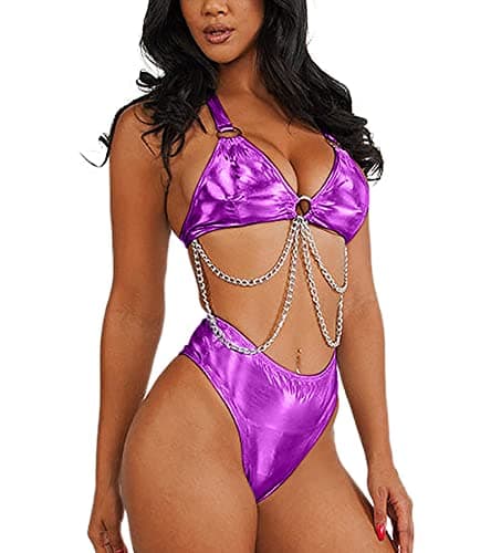 EDC Metallic Holographic Body Chain Harness Top & High Waist Bottom Festival Dance Bikini