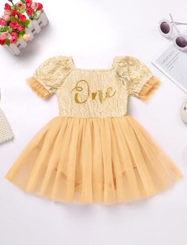 IMEKIS Baby Girl 1st Birthday Tulle Romper with Headband Sleeve