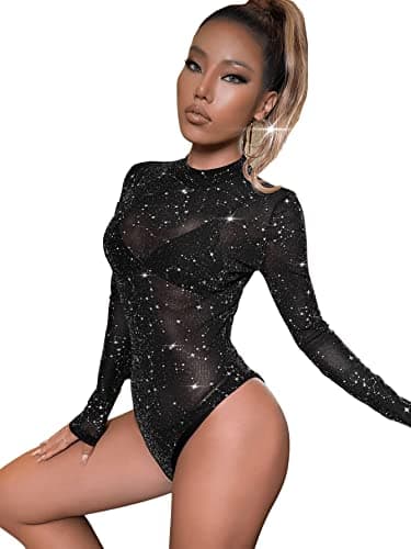 SweatyRocks Women's Leopard Long Sleeve Mesh Bodysuit