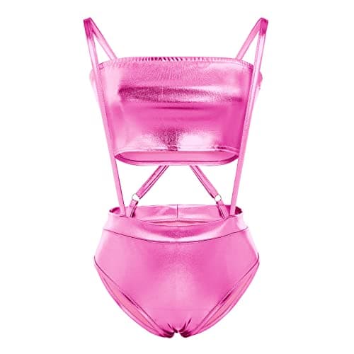 IMEKIS Women Metallic Rave Outfit Crop Top Bodysuit for Music Festivals and Halloween Costume