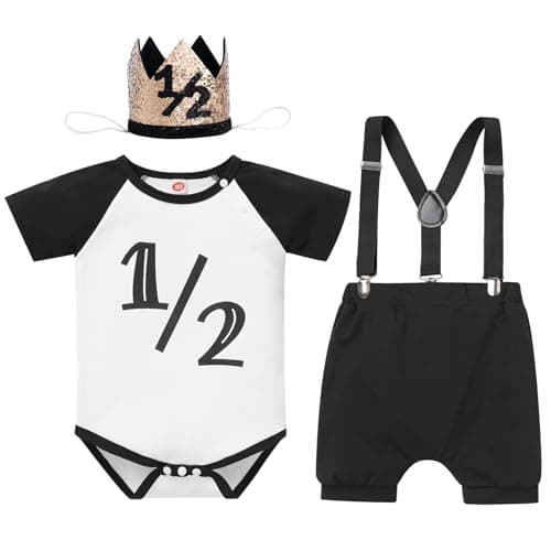 Half Birthday Outfit for Baby Boy: Romper, Suspenders, Crown Smash Cake Set