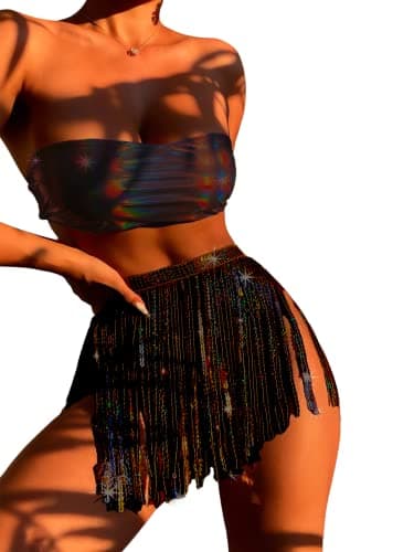 EVELUST Women's metallic holographic bodysuit & skirt set for EDC festivals