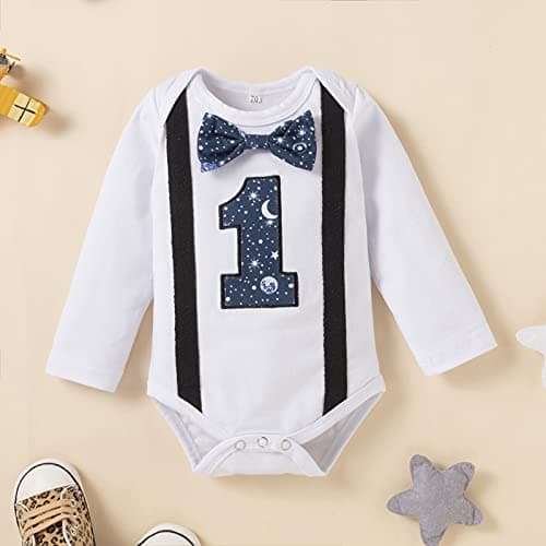 Space Theme Baby Boy 1st Birthday Outfit Set - Romper, Suspenders, Pants