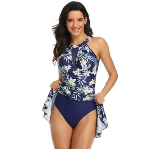 IMEKIS Women's Summer Floral Print Halter Backless Tummy Control Swim Dress